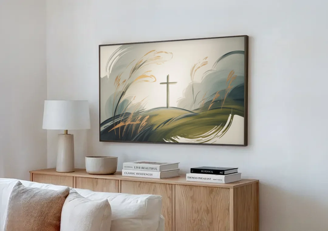 Tranquil Cross Minimalist Christian canvas wall art above a wooden sideboard next to a sofa