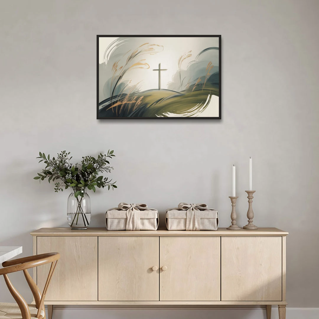 Tranquil Cross Minimalist Christian - Black Framed Canvas Wall Art - Coffee Table - 36x24