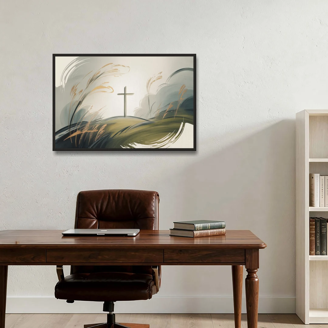 Tranquil Cross Minimalist Christian - Black Framed Canvas Wall Art - Office - 36x24