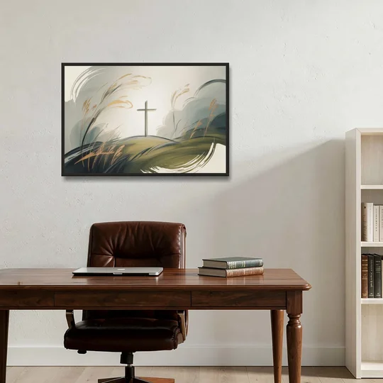 Tranquil Cross Minimalist Christian - Black Framed Canvas Wall Art - Office - 36x24