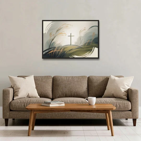 Tranquil Cross Minimalist Christian - Black Framed Canvas Wall Art - Sofa - 36x24