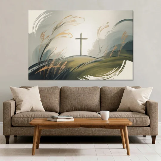 Tranquil Cross Minimalist Christian - Canvas Wall Art - Sofa - 60x40