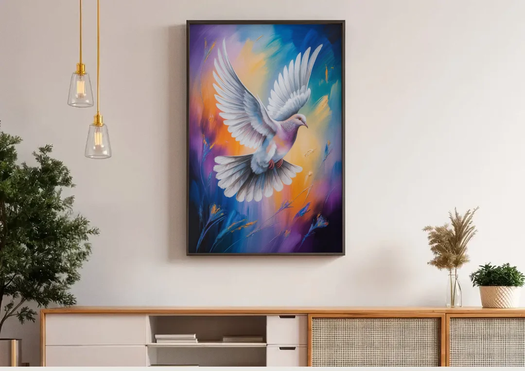 Tranquil Dove Peace canvas wall art above a wooden sideboard under pendant lights