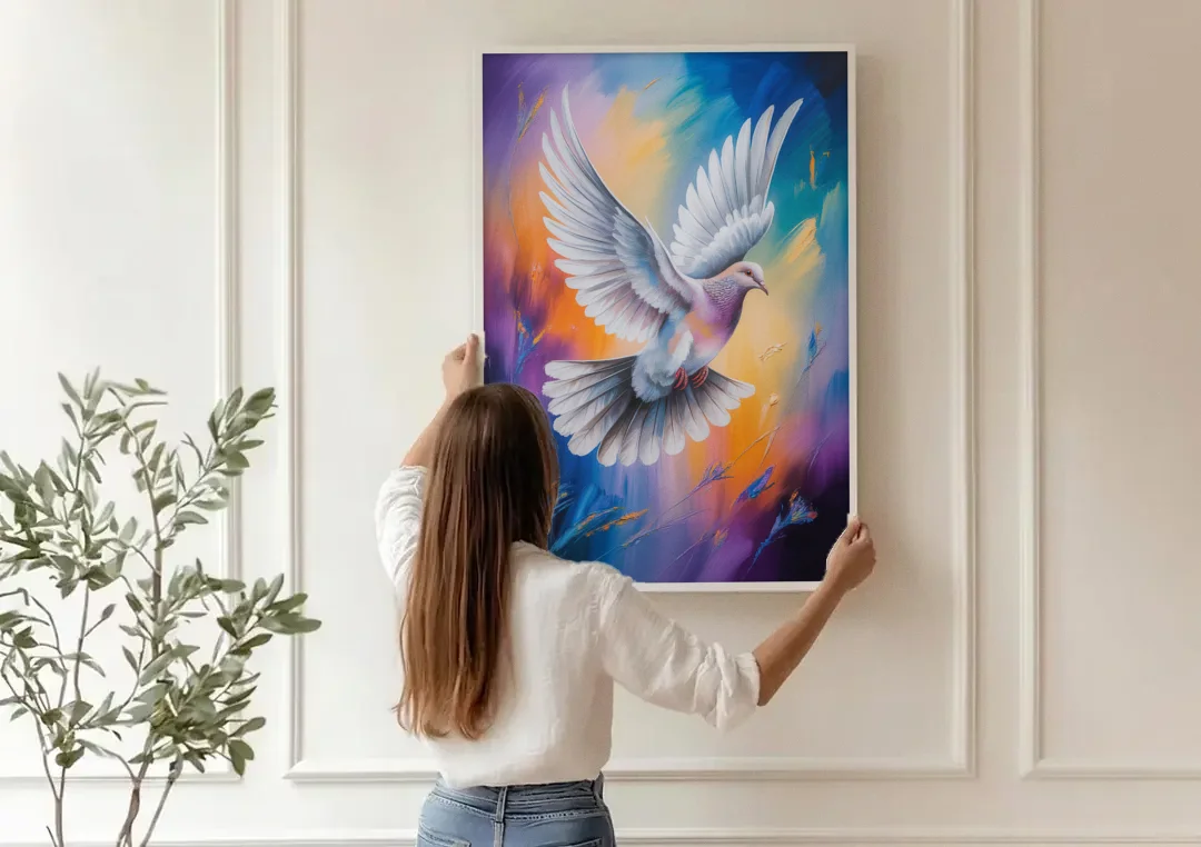 Tranquil Dove Peace canvas wall art being hung on a paneled wall
