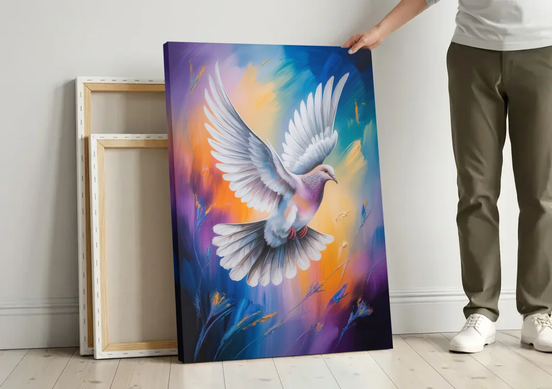 Tranquil Dove Peace canvas wall art leaning against a wall next to blank canvases