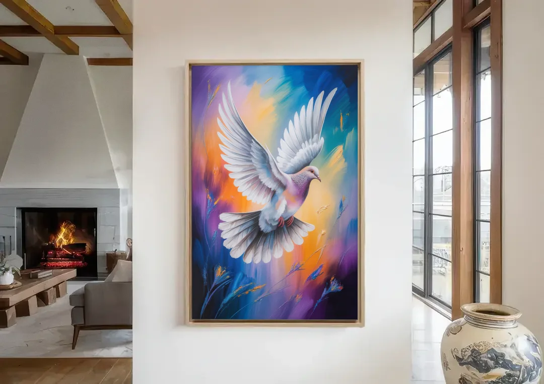 Tranquil Dove Peace canvas wall art in a living room with a fireplace