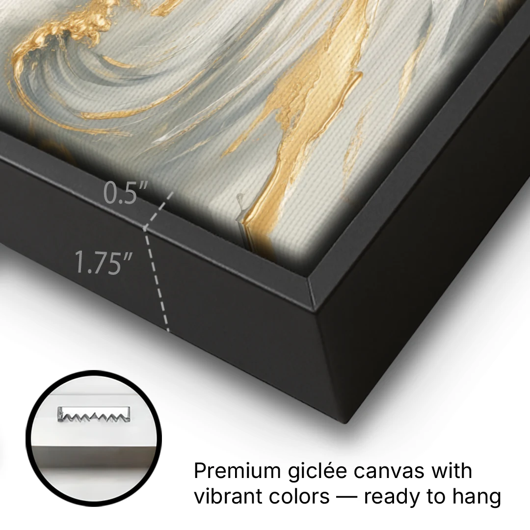 Tranquil Elegance in White and Gold - Black Framed Canvas Wall Art - Gallery Wrap Corner