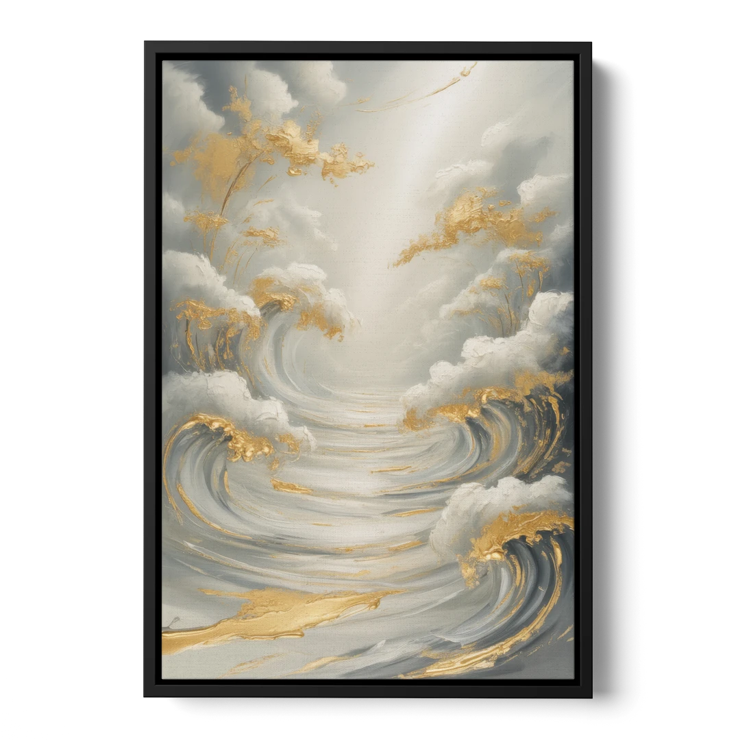 Tranquil Elegance in White and Gold - Black Framed Canvas Wall Art - Front
