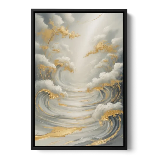 Tranquil Elegance in White and Gold - Black Framed Canvas Wall Art - Front