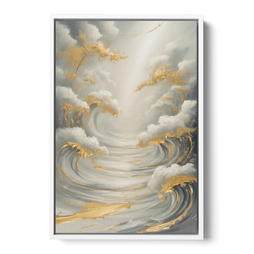 Tranquil Elegance in White and Gold - White Framed Canvas Wall Art - Front