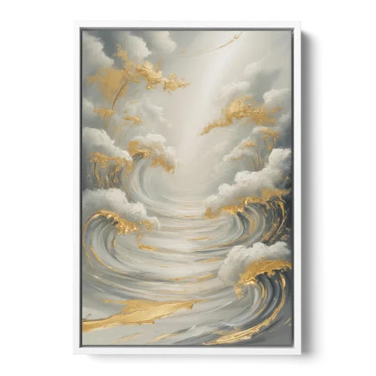 Tranquil Elegance in White and Gold - White Framed Canvas Wall Art - Front