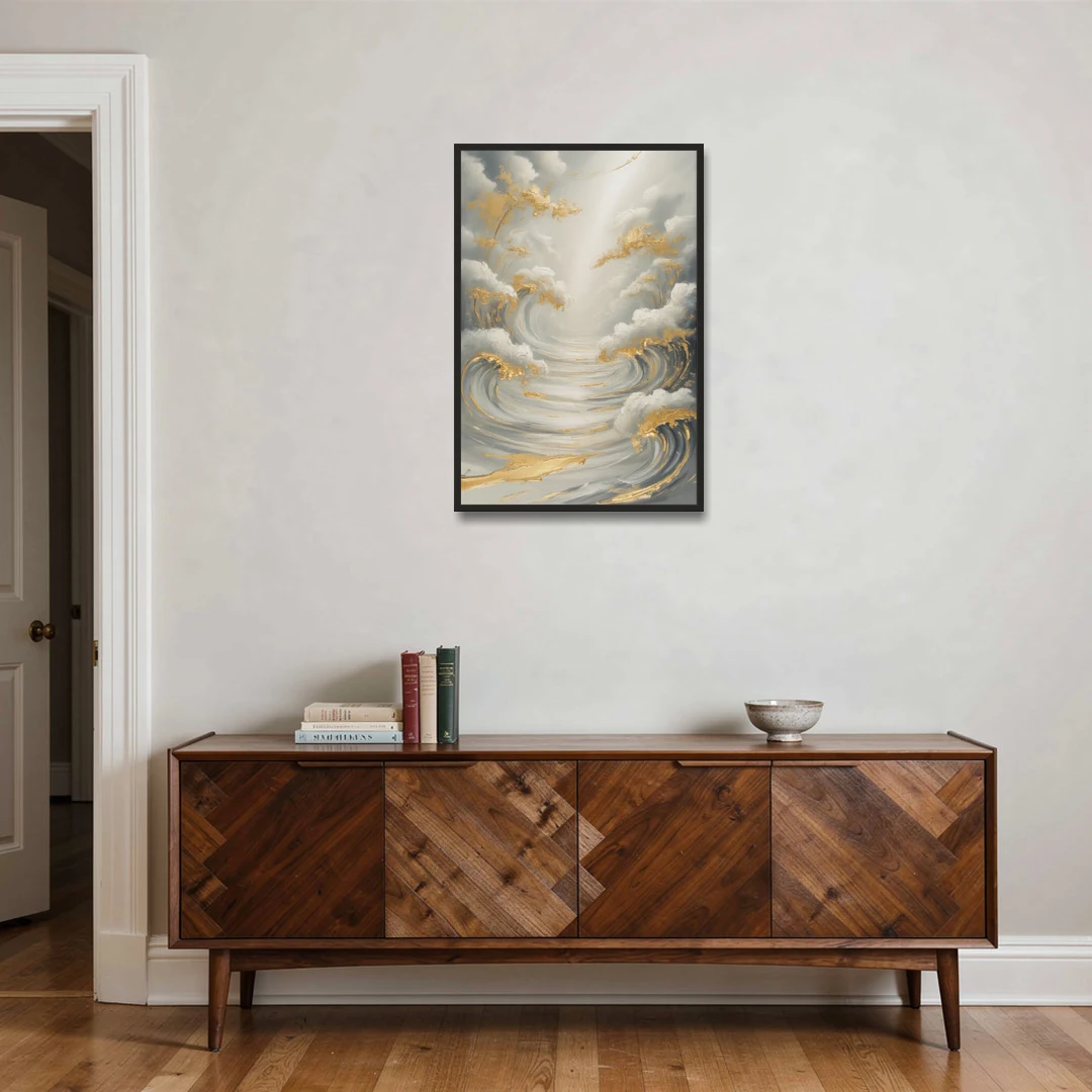 Tranquil Elegance in White and Gold - Black Framed Canvas Wall Art - Coffee Table - 24x36