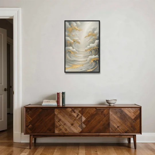 Tranquil Elegance in White and Gold - Black Framed Canvas Wall Art - Coffee Table - 24x36