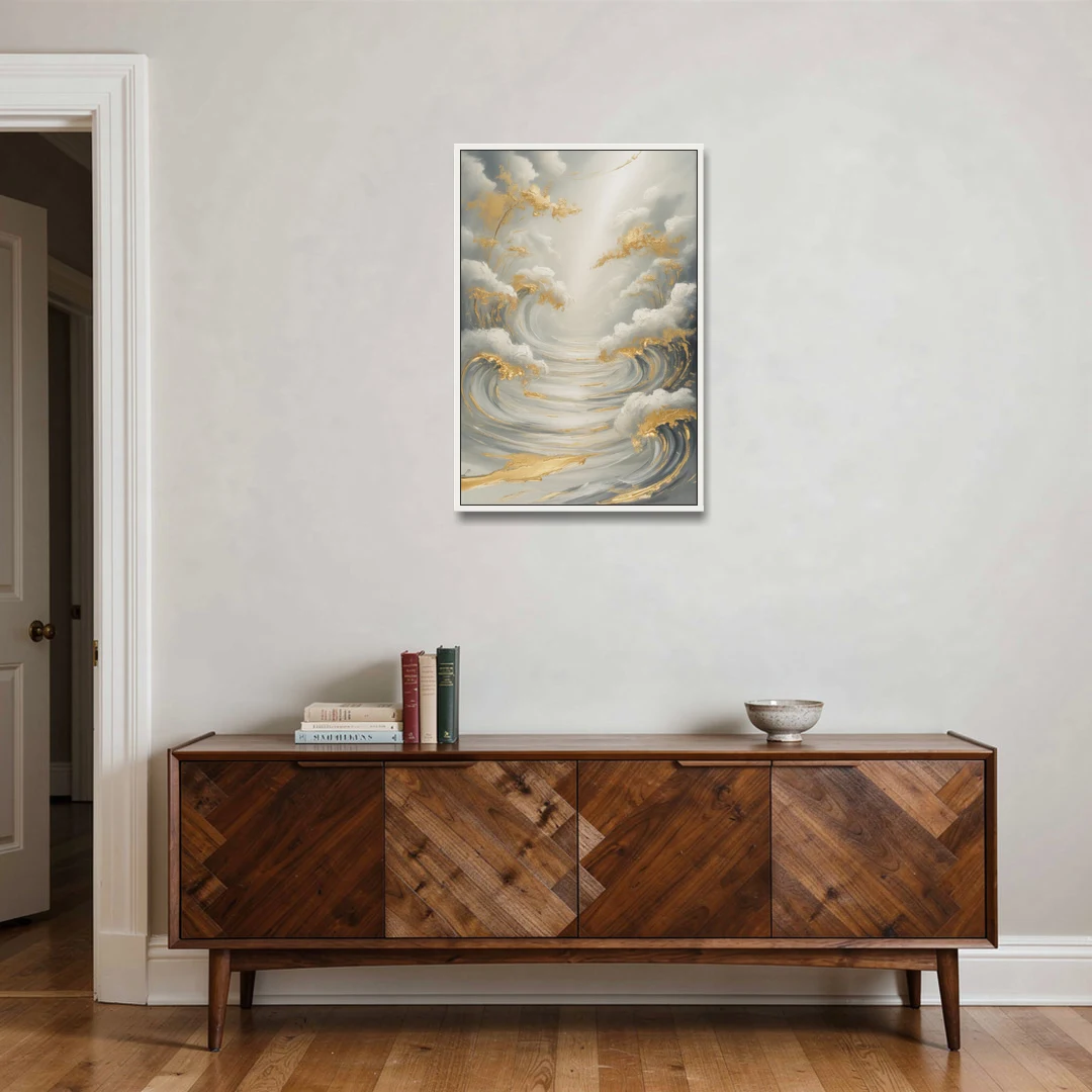 Tranquil Elegance in White and Gold - White Framed Canvas Wall Art - Coffee Table - 24x36