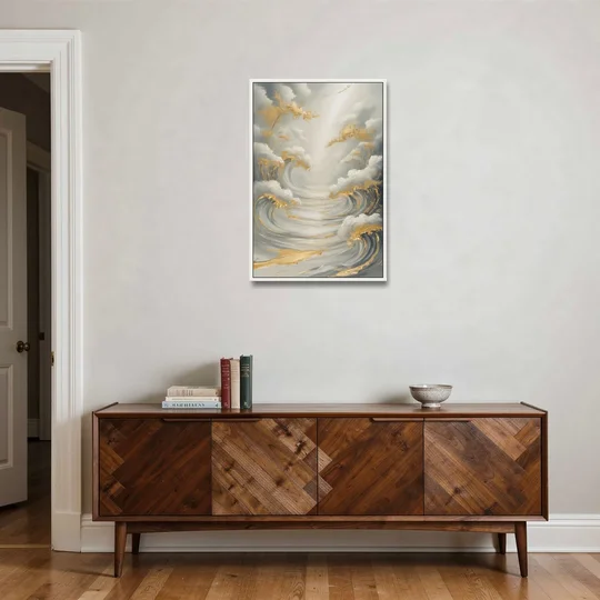 Tranquil Elegance in White and Gold - White Framed Canvas Wall Art - Coffee Table - 24x36