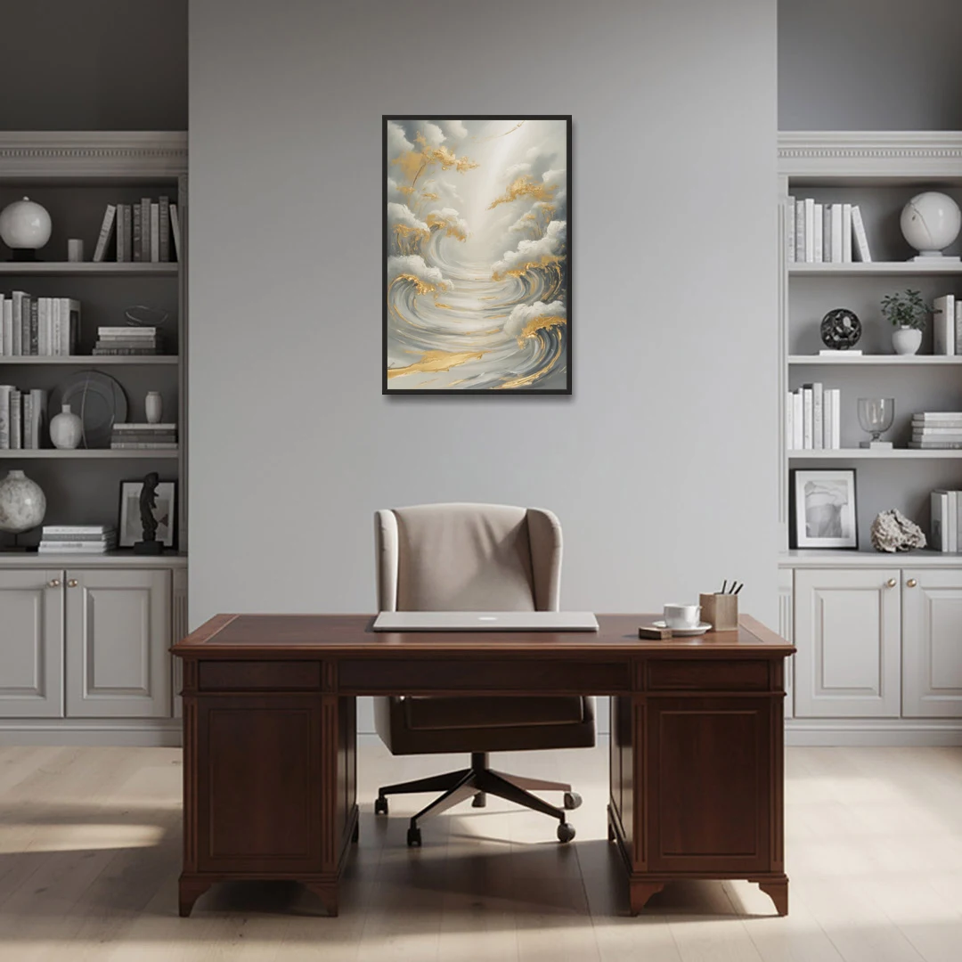 Tranquil Elegance in White and Gold - Black Framed Canvas Wall Art - Office - 24x36