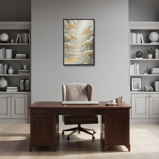 Tranquil Elegance in White and Gold - Black Framed Canvas Wall Art - Office - 24x36