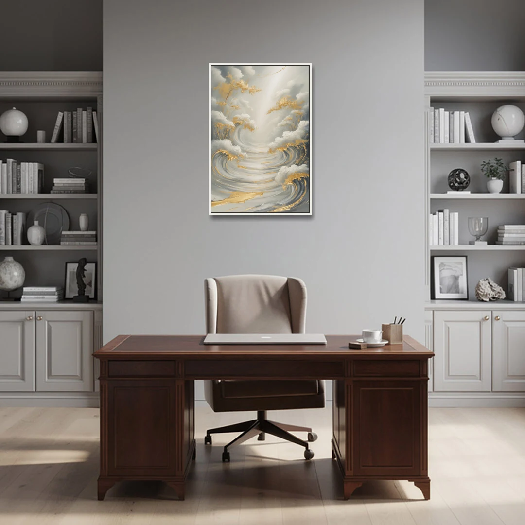 Tranquil Elegance in White and Gold - White Framed Canvas Wall Art - Office - 24x36