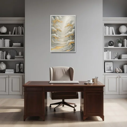 Tranquil Elegance in White and Gold - White Framed Canvas Wall Art - Office - 24x36