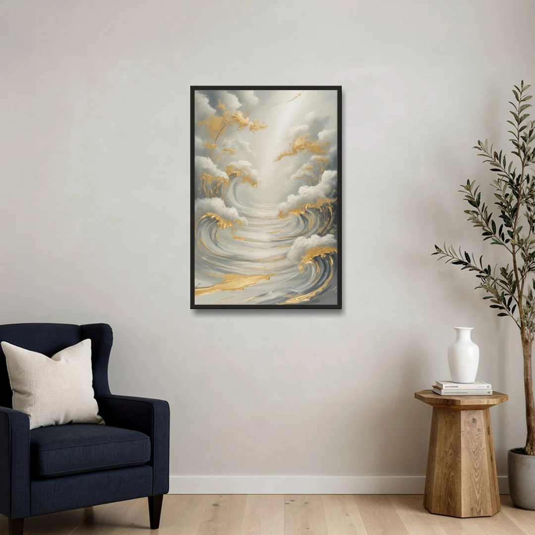 Tranquil Elegance in White and Gold - Black Framed Canvas Wall Art - Sofa - 24x36