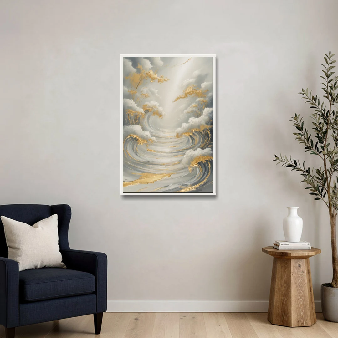Tranquil Elegance in White and Gold - White Framed Canvas Wall Art - Sofa - 24x36