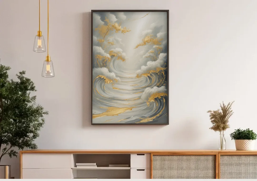 Tranquil Elegance in White and Gold canvas wall art above a wooden sideboard under pendant lights