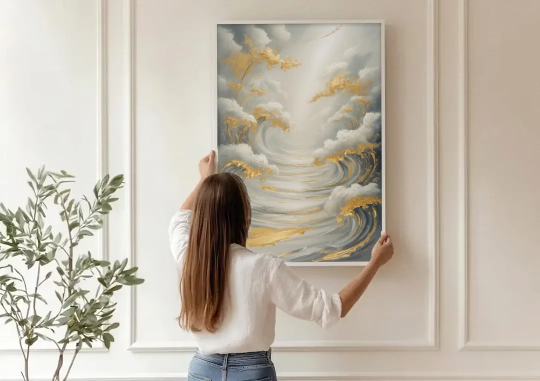 Tranquil Elegance in White and Gold canvas wall art being hung on a paneled wall