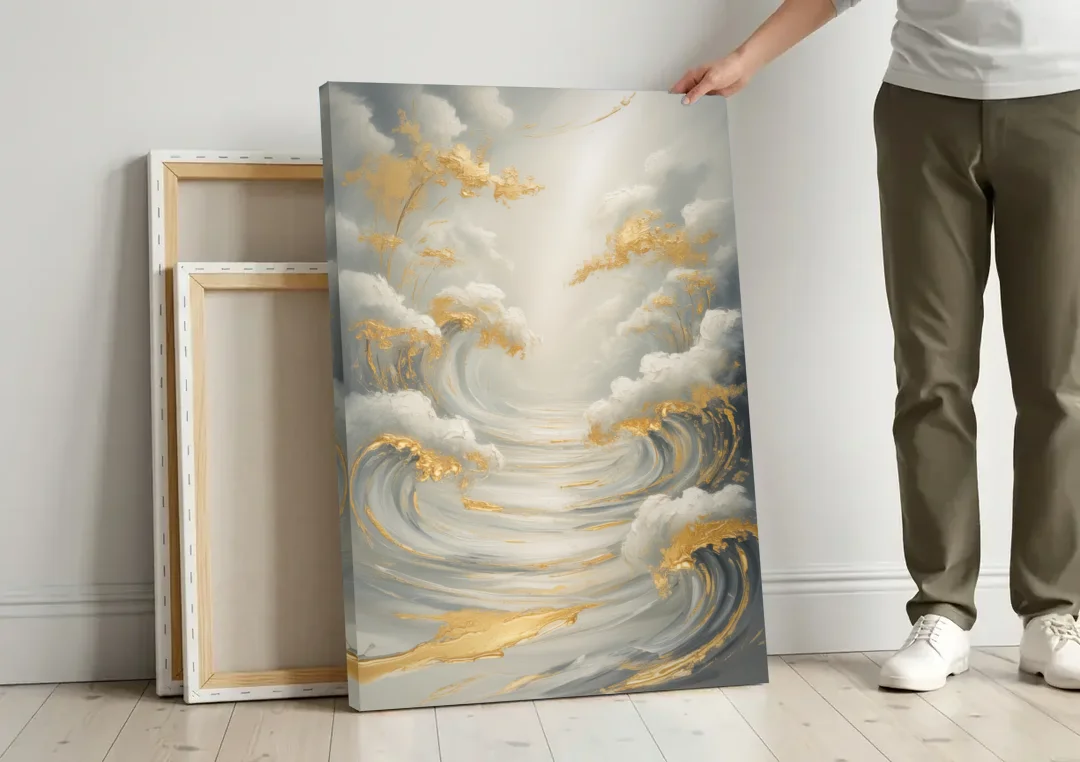 Tranquil Elegance in White and Gold canvas wall art leaning against a wall next to blank canvases