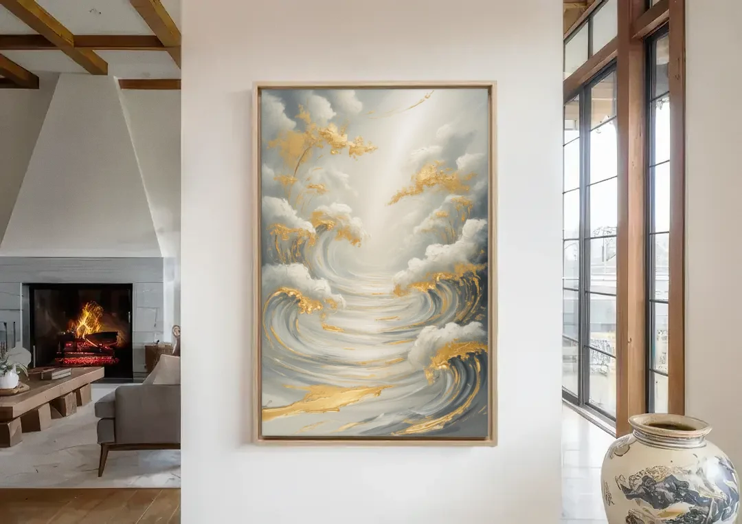 Tranquil Elegance in White and Gold canvas wall art in a living room with a fireplace