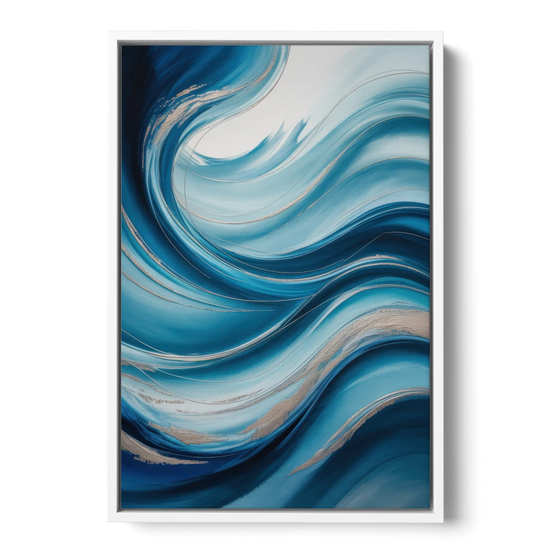 Tranquil Oceanic Movement Blue Abstract - White Framed Canvas Wall Art - Front
