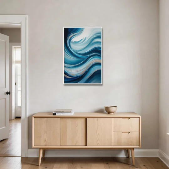 Tranquil Oceanic Movement Blue Abstract - White Framed Canvas Wall Art - Coffee Table - 24x36
