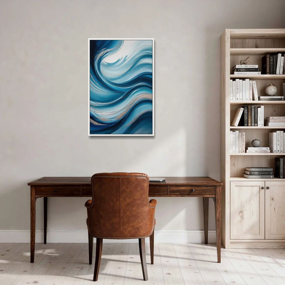 Tranquil Oceanic Movement Blue Abstract - White Framed Canvas Wall Art - Office - 24x36