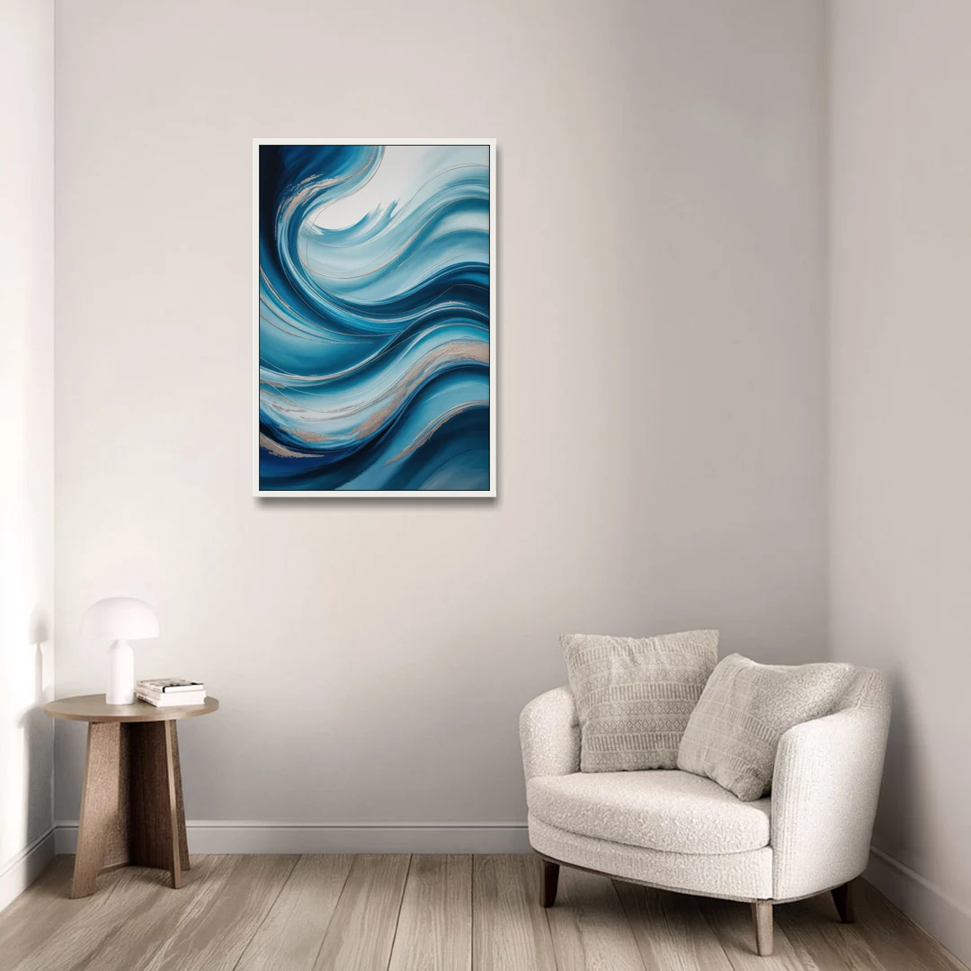 Tranquil Oceanic Movement Blue Abstract - White Framed Canvas Wall Art - Sofa - 24x36