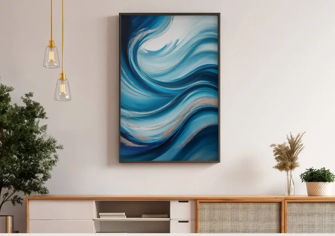 Tranquil Oceanic Movement Blue Abstract canvas wall art above a wooden sideboard under pendant lights