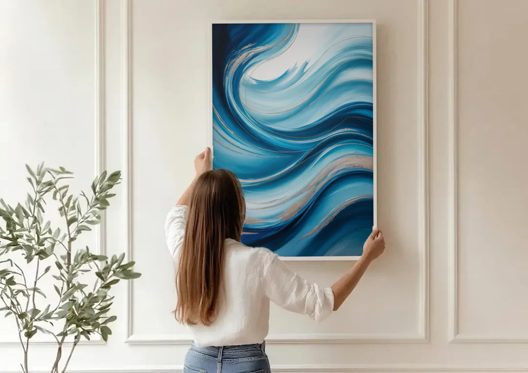 Tranquil Oceanic Movement Blue Abstract canvas wall art being hung on a paneled wall