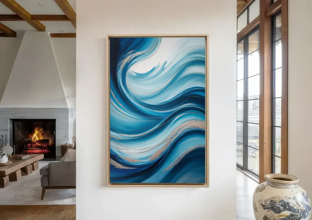 Tranquil Oceanic Movement Blue Abstract canvas wall art in a living room with a fireplace