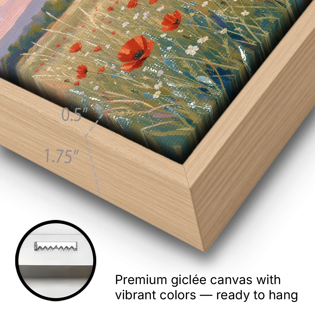 Tranquil Poppy Meadow at Lavender Dusk - Oak Framed Canvas Wall Art - Gallery Wrap Corner