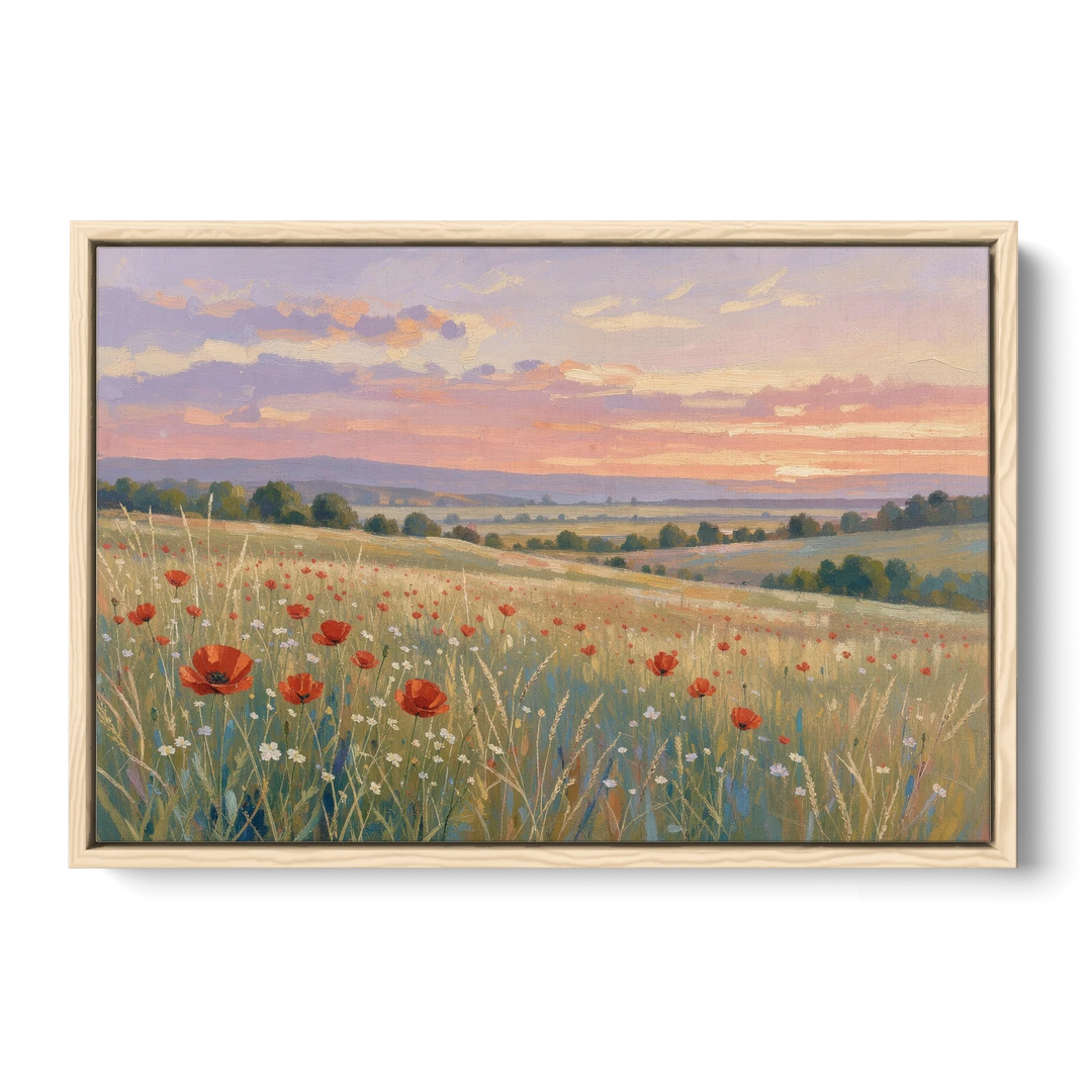 Tranquil Poppy Meadow at Lavender Dusk - Oak Framed Canvas Wall Art - Front