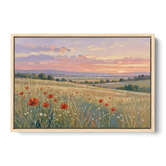 Tranquil Poppy Meadow at Lavender Dusk - Oak Framed Canvas Wall Art - Front
