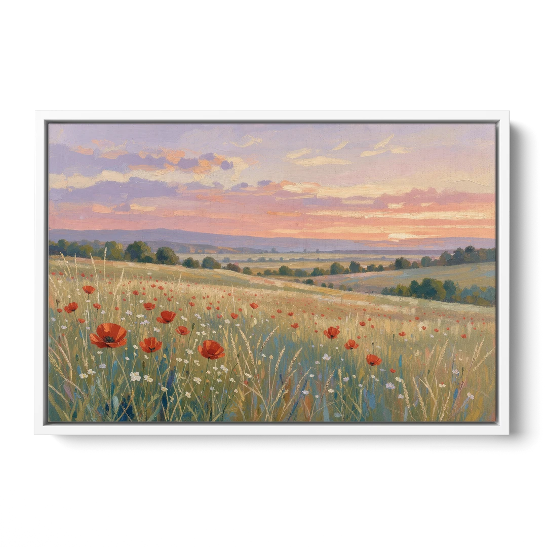 Tranquil Poppy Meadow at Lavender Dusk - White Framed Canvas Wall Art - Front