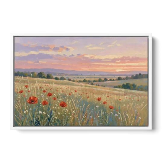 Tranquil Poppy Meadow at Lavender Dusk - White Framed Canvas Wall Art - Front