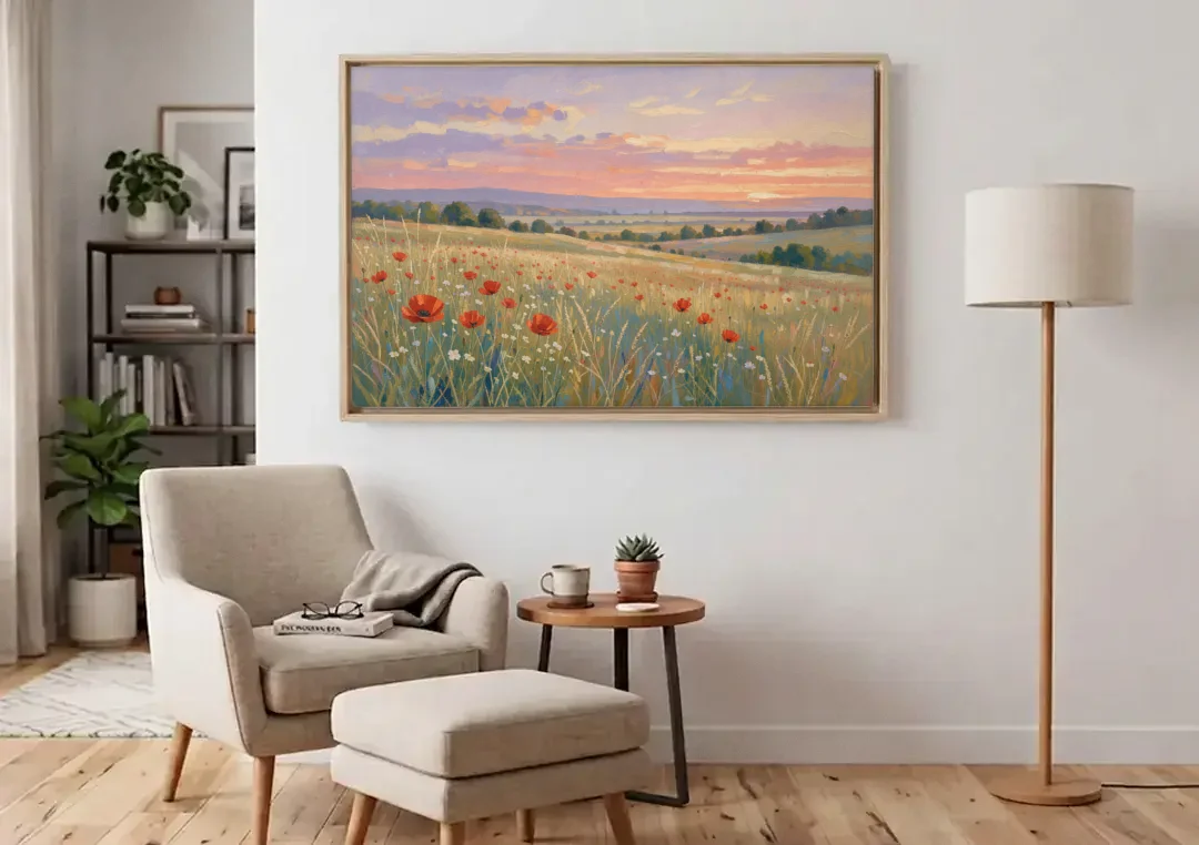 Tranquil Poppy Meadow at Lavender Dusk canvas wall art above an armchair in a bright living room