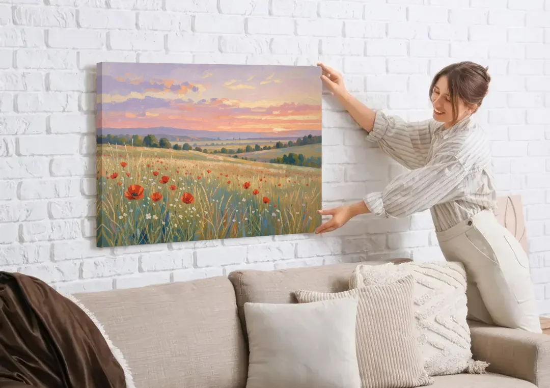 Tranquil Poppy Meadow at Lavender Dusk canvas wall art being hung on a white brick wall above a sofa