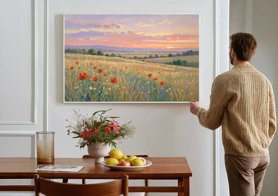 Tranquil Poppy Meadow at Lavender Dusk canvas wall art above a dining table