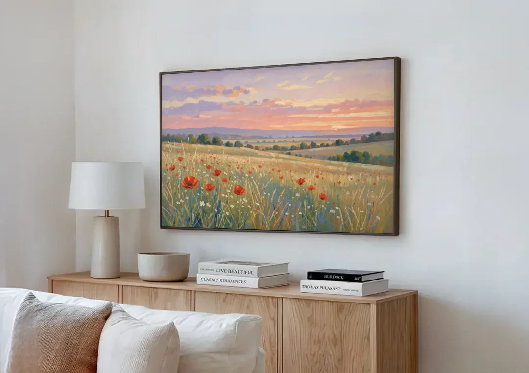 Tranquil Poppy Meadow at Lavender Dusk canvas wall art above a wooden sideboard next to a sofa