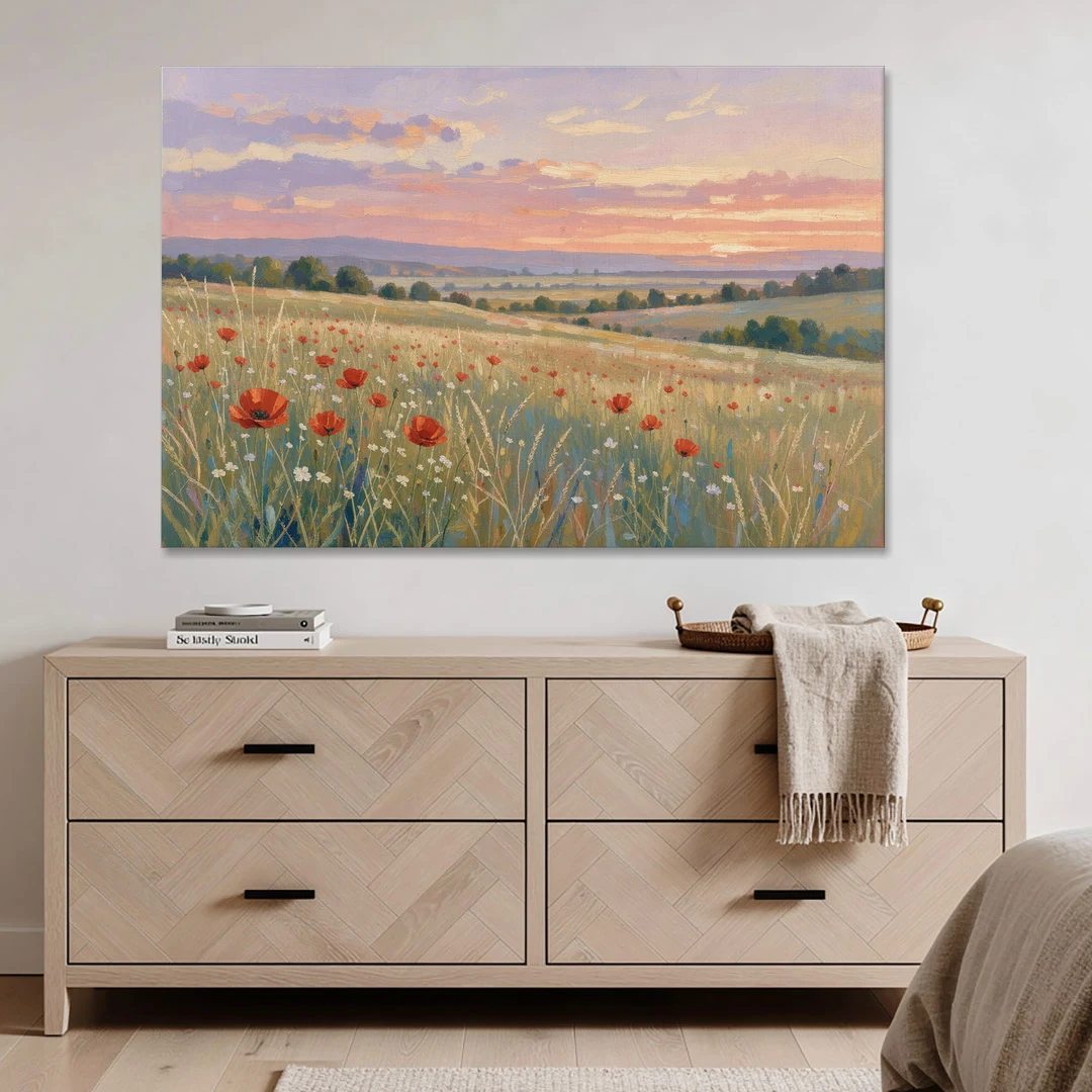 Tranquil Poppy Meadow at Lavender Dusk - Canvas Wall Art - Coffee Table - 60x40