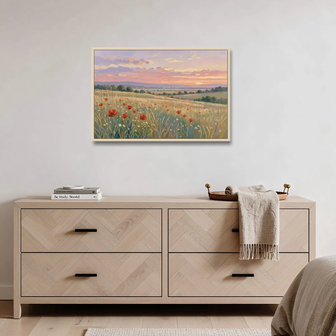 Tranquil Poppy Meadow at Lavender Dusk - Oak Framed Canvas Wall Art - Coffee Table - 36x24
