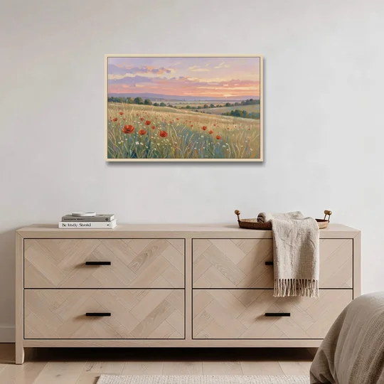 Tranquil Poppy Meadow at Lavender Dusk - Oak Framed Canvas Wall Art - Coffee Table - 36x24