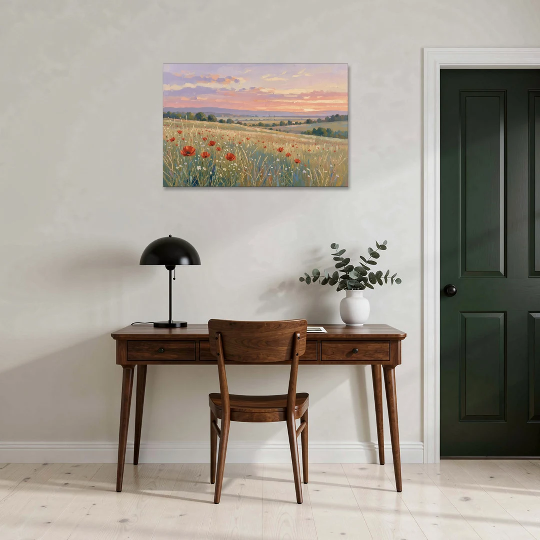 Tranquil Poppy Meadow at Lavender Dusk - Canvas Wall Art - Office - 36x24