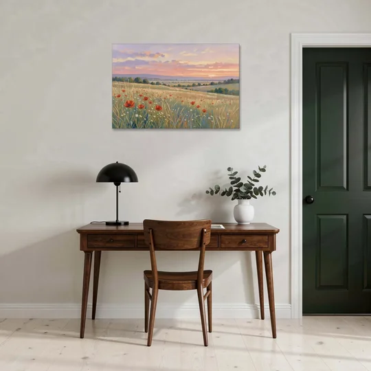 Tranquil Poppy Meadow at Lavender Dusk - Canvas Wall Art - Office - 36x24